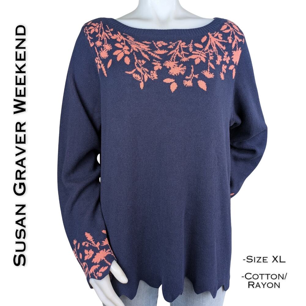 Susan Graver Weekend Sweater XL Navy Peach Floral Scalloped Hem & Sleeves Soft
